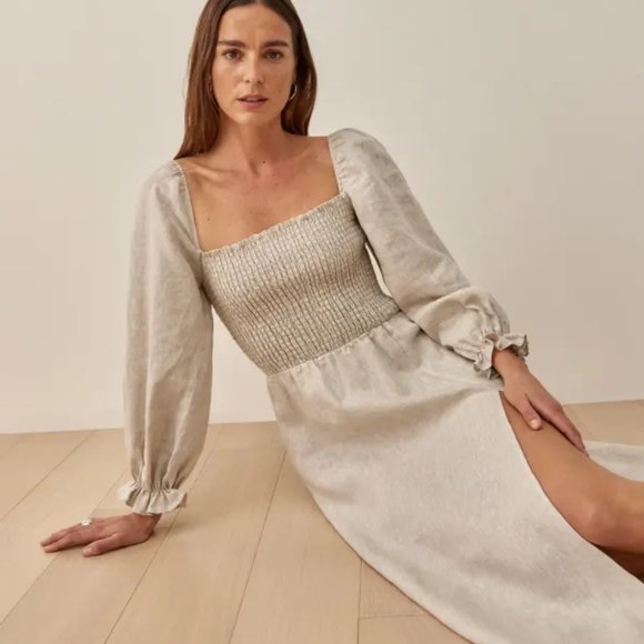 Reformation Cream Smocked Midi Dress with Bishop Sleeves - Picture 1 of 9